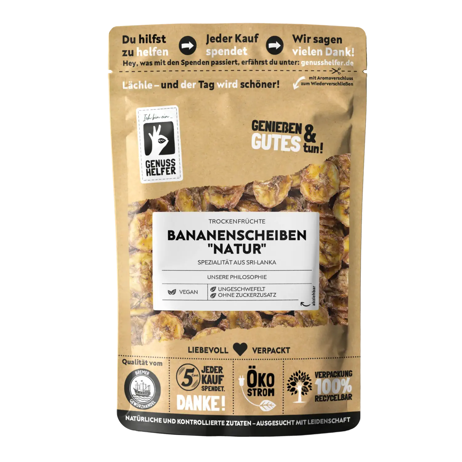 Bananenscheiben BIO, getrocknet Vorderansicht eines Beutels mit getrockneten Bananenscheiben in Bio-Qualität