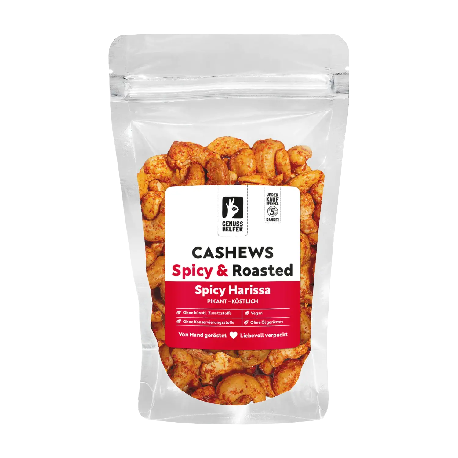 Cashews Spicy Harissa, geröstet & gewürzt Vorderansicht eines Beutels mit Cashewkernen „Spicy Harissa Spicy Roasted“