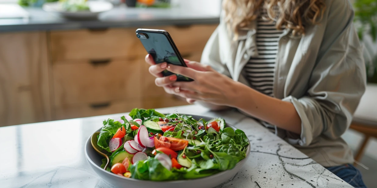 Frau fotografiert einen frischen Salat mit dem Smartphone für Social Media
