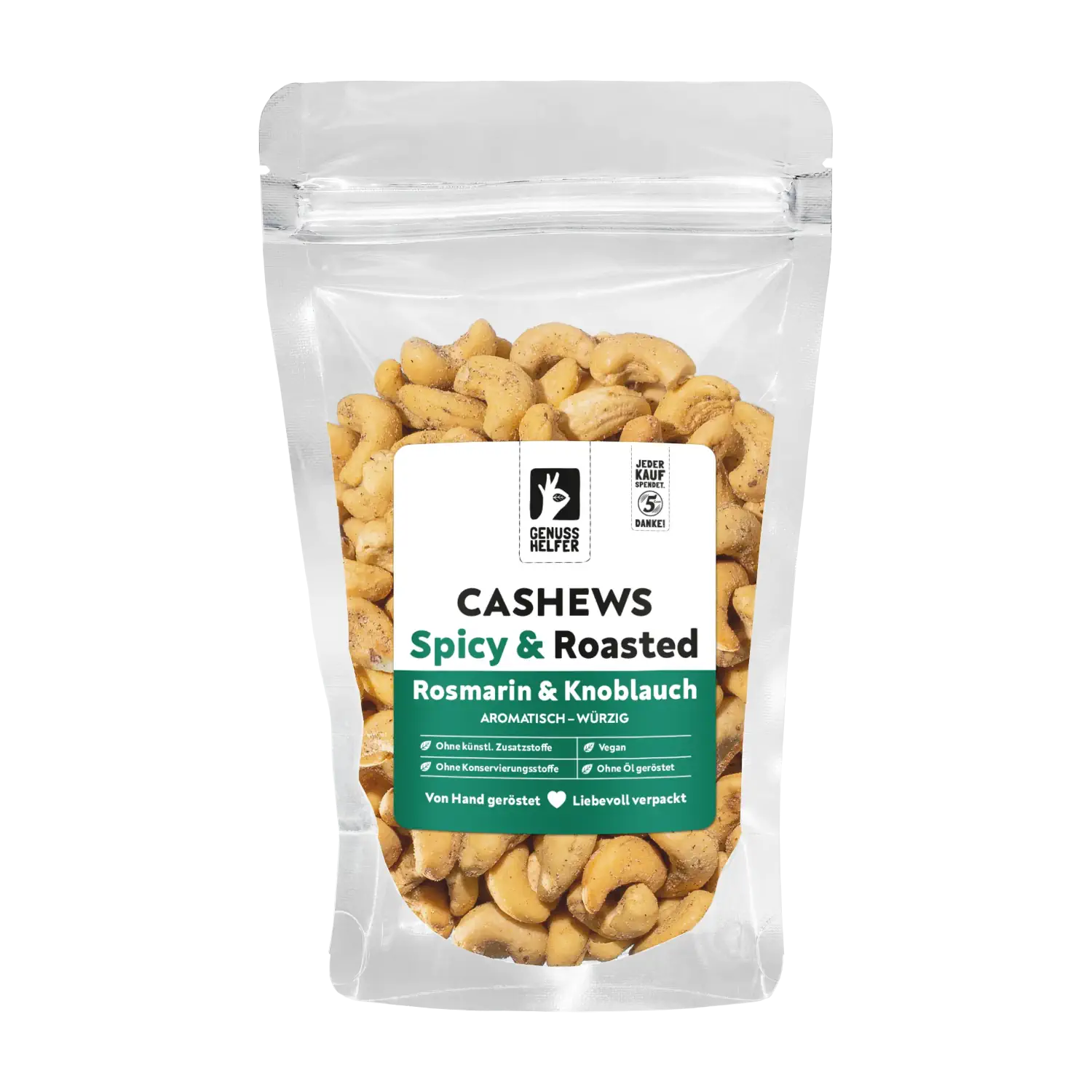 Cashews Rosmarin Knoblauch, geröstet & gewürzt Vorderansicht eines Beutels mit Rosmarin-Knoblauch-Cashews