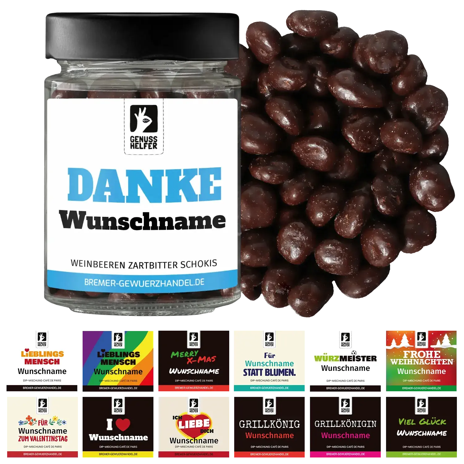 Geschenkglas: Weinbeere Zartbitter Schokis Saisonale Darstellung der Zartbitterschokis mit Weinbeeren