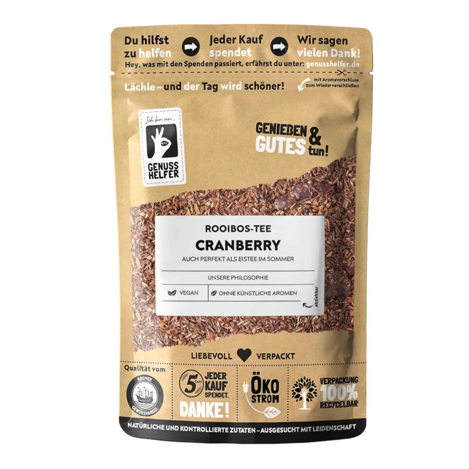 Rooibos Cranberry Vorderansicht eines Beutels mit Rooibos-Tee Cranberry