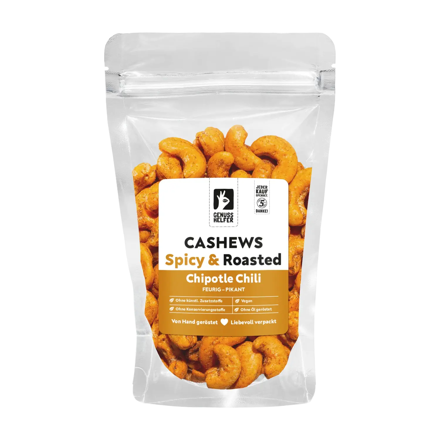 Cashews Chipotle Chili, geröstet & gewürzt Vorderansicht eines Beutels mit Chipotle-Chili-Cashews
