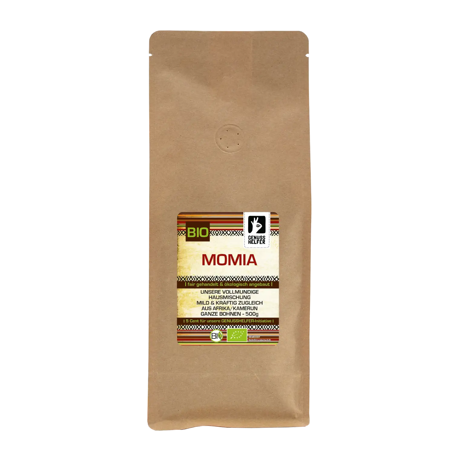 Detailansicht des 500 g Beutels mit ganzen Kaffeebohnen „Momia“