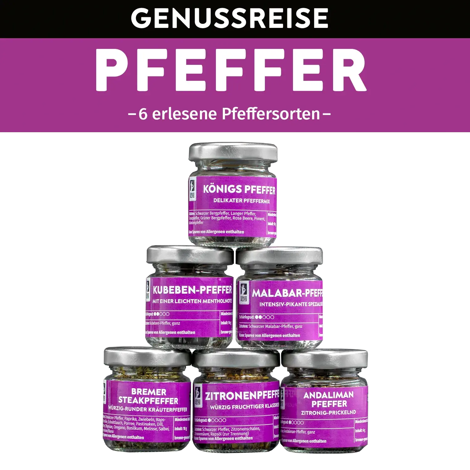 Genussreise Pfeffer, 6 Tlg. Zusammenstellung von Gläsern mit verschiedenen Pfeffersorten aus der Genussreise