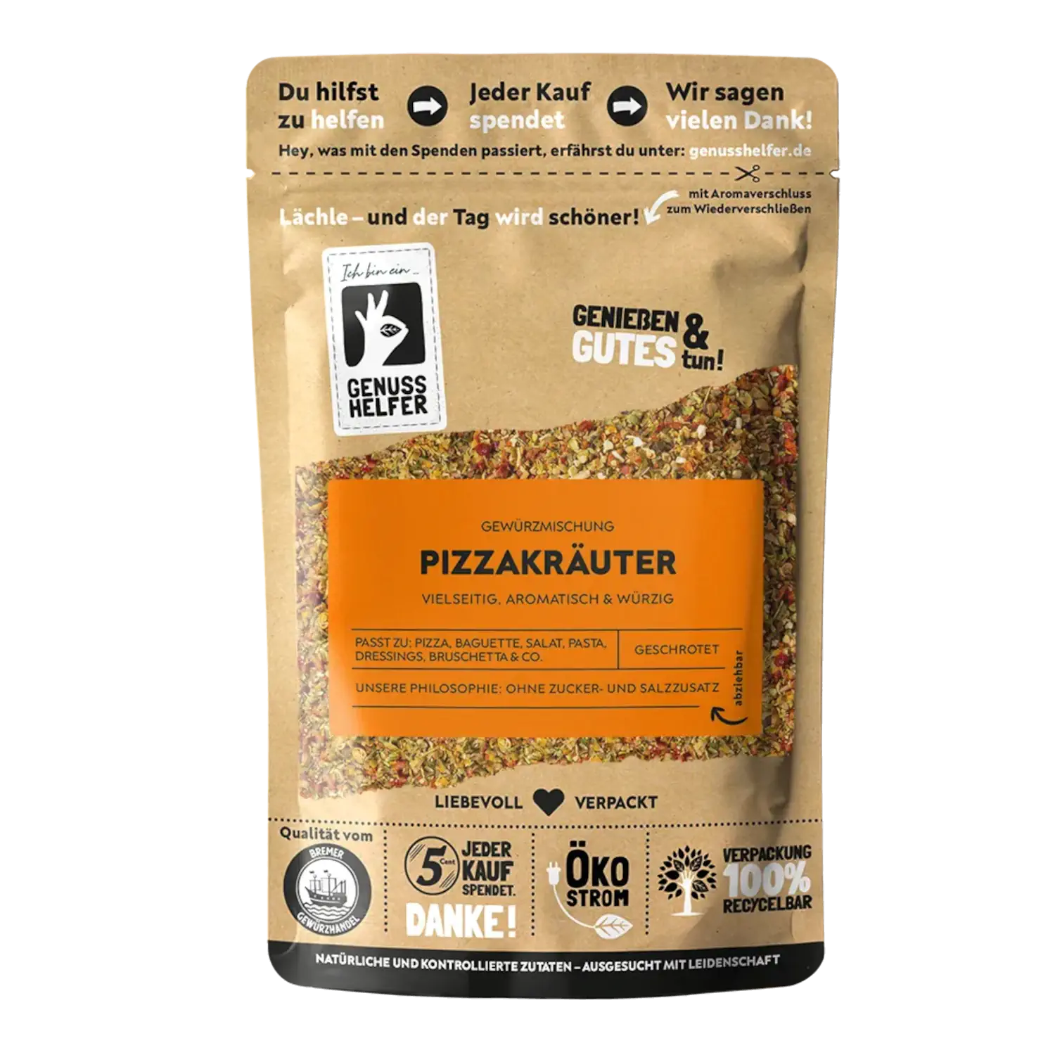Pizzakräuter, geschrotet Vorderansicht eines Beutels mit Pizzakräutern