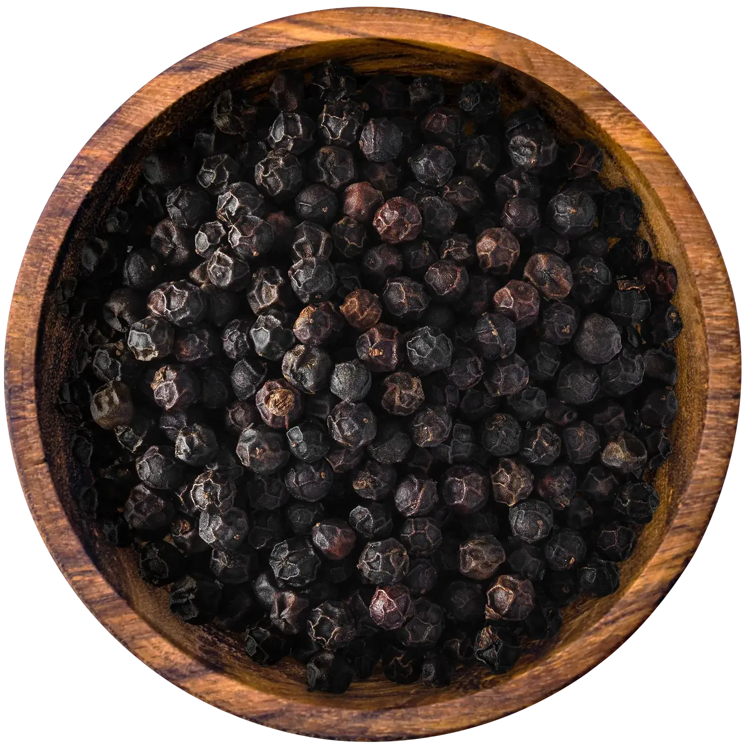 Schwarzer Kampot-Pfeffer in einer Holzschale