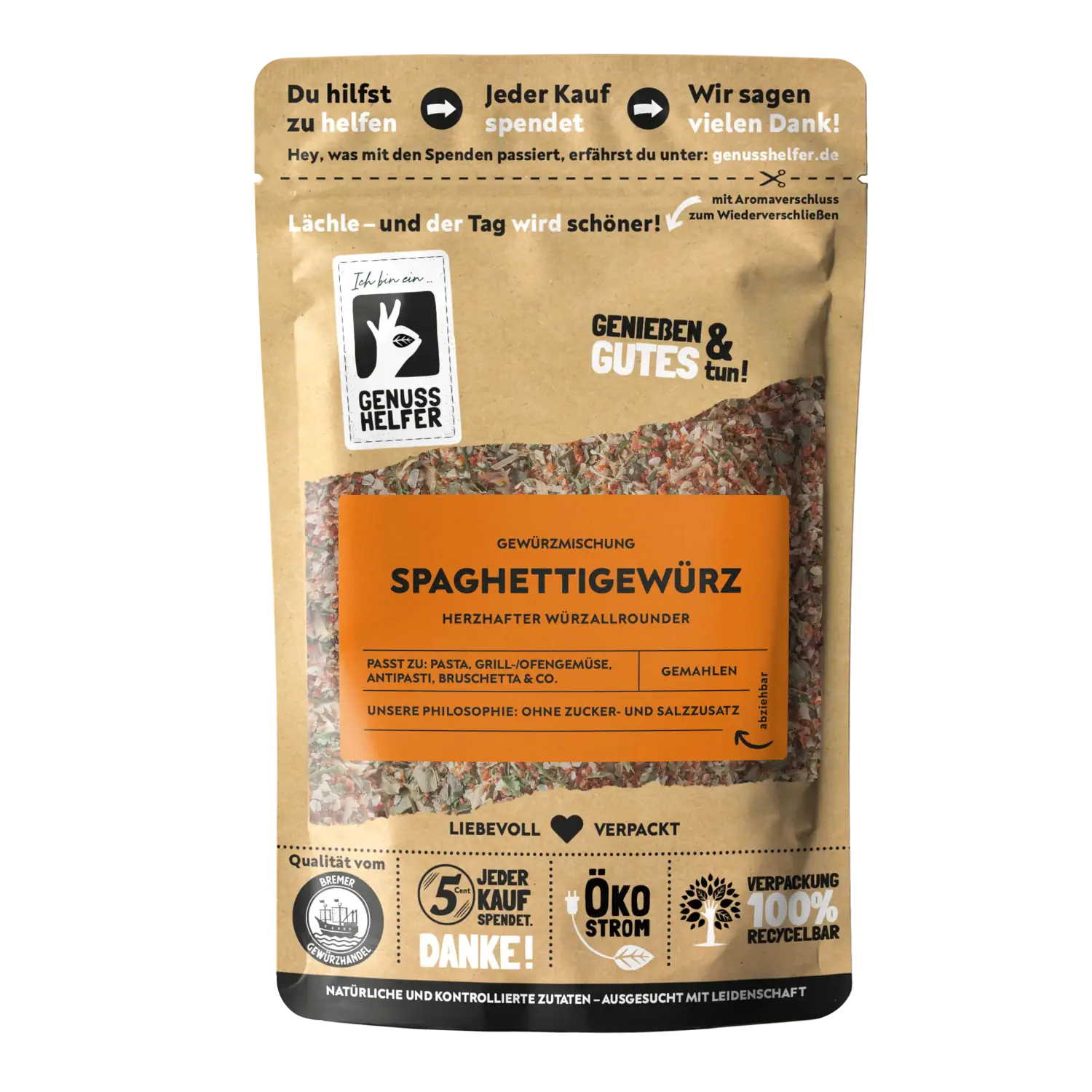 Spaghettigewürz, gemahlen Vorderansicht eines Beutels mit gemahlenem Spaghettigewürz