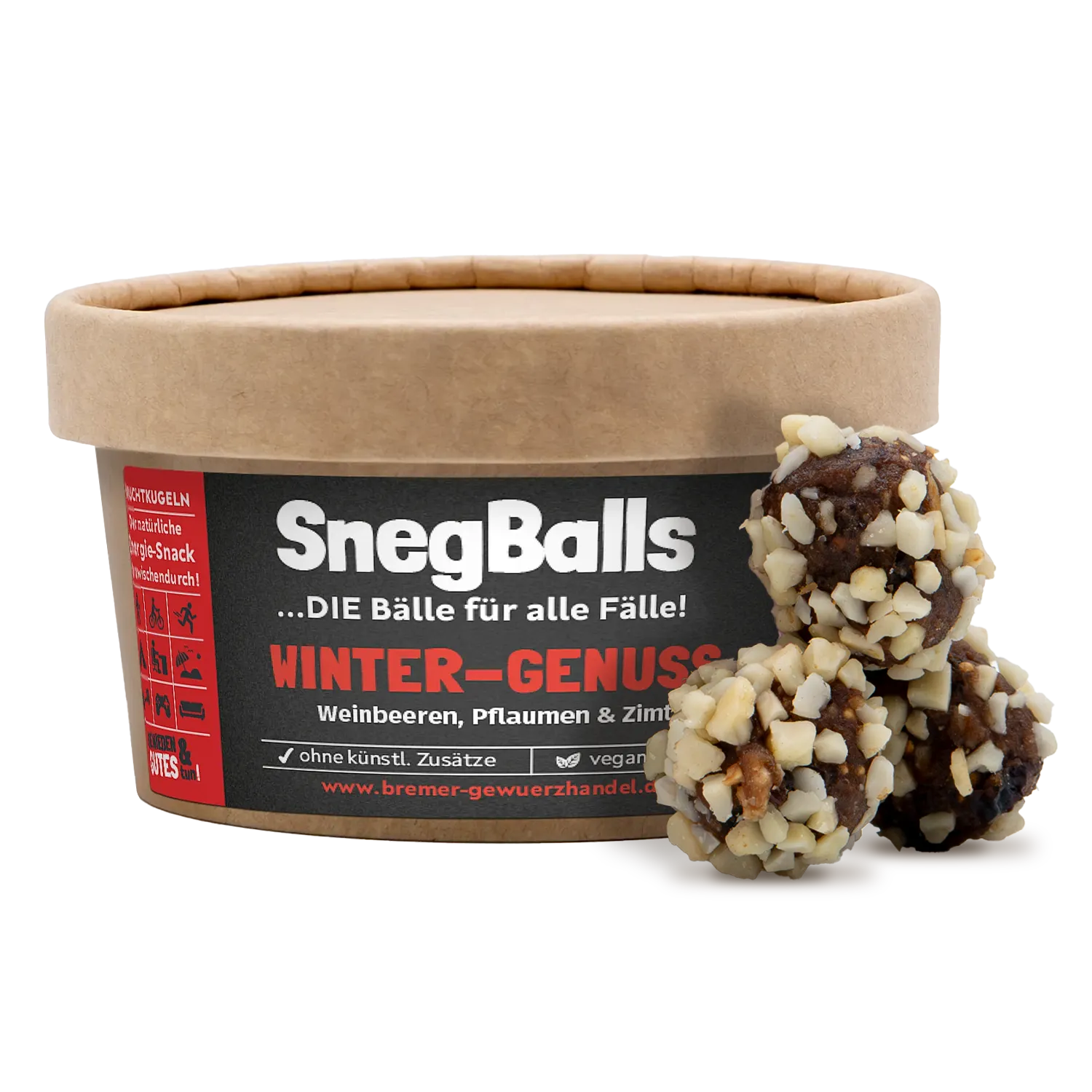 SnegBalls Winter-Genuss, Fruchtkugeln Snegballs „Winter-Genuss“ in einer Holzschale