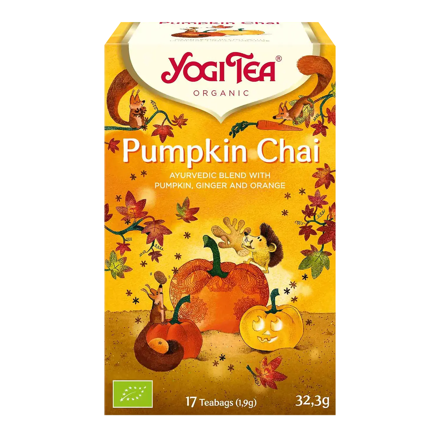 YOGI TEA® Pumpkin Chai BIO Vorderansicht einer Pappschachtel mit Bio-Yogi-Tee „Pumpkin Chai“