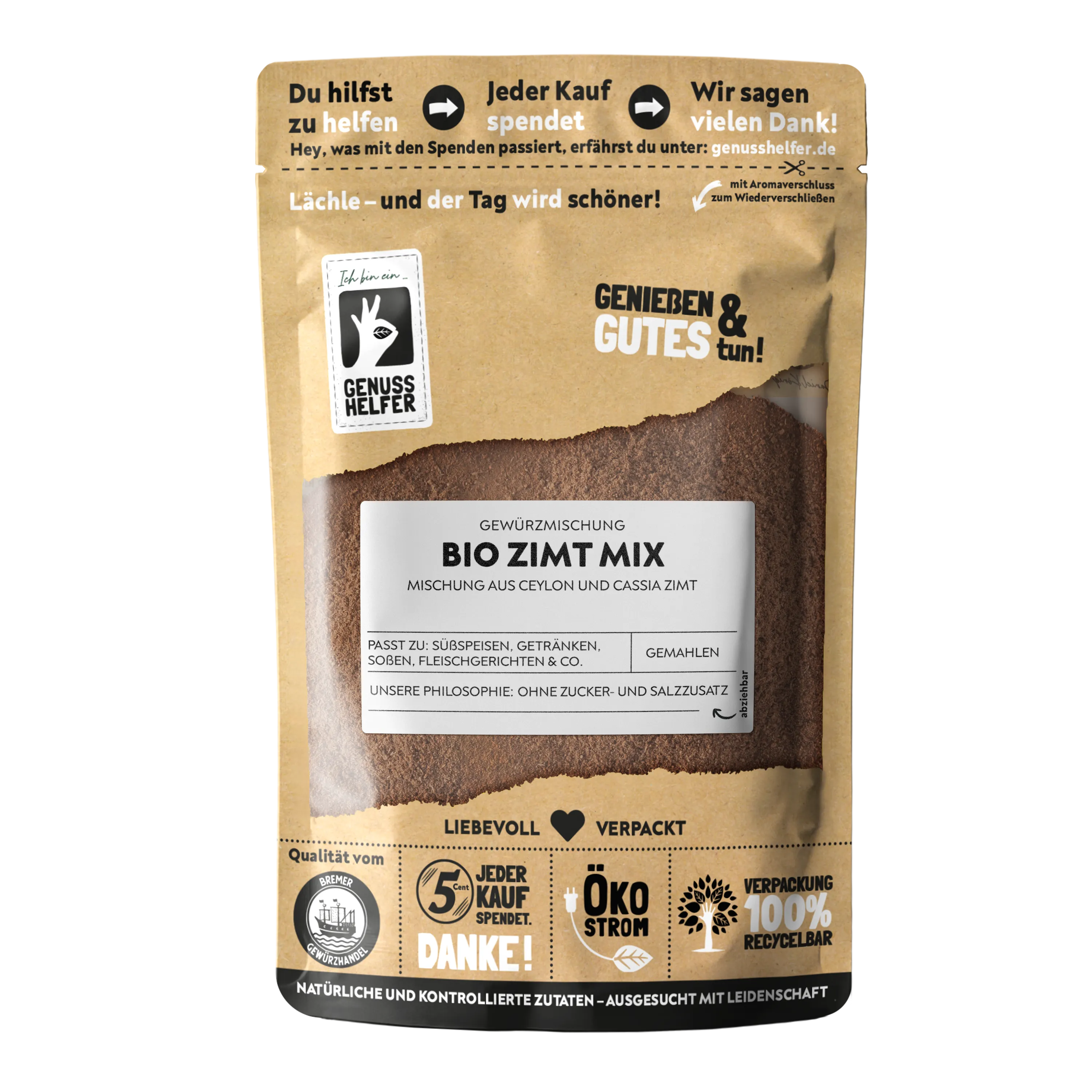 Zimt-Mix Ceylon und Cassia BIO Vorderansicht eines Beutels mit gemahlenem Zimt-Mix