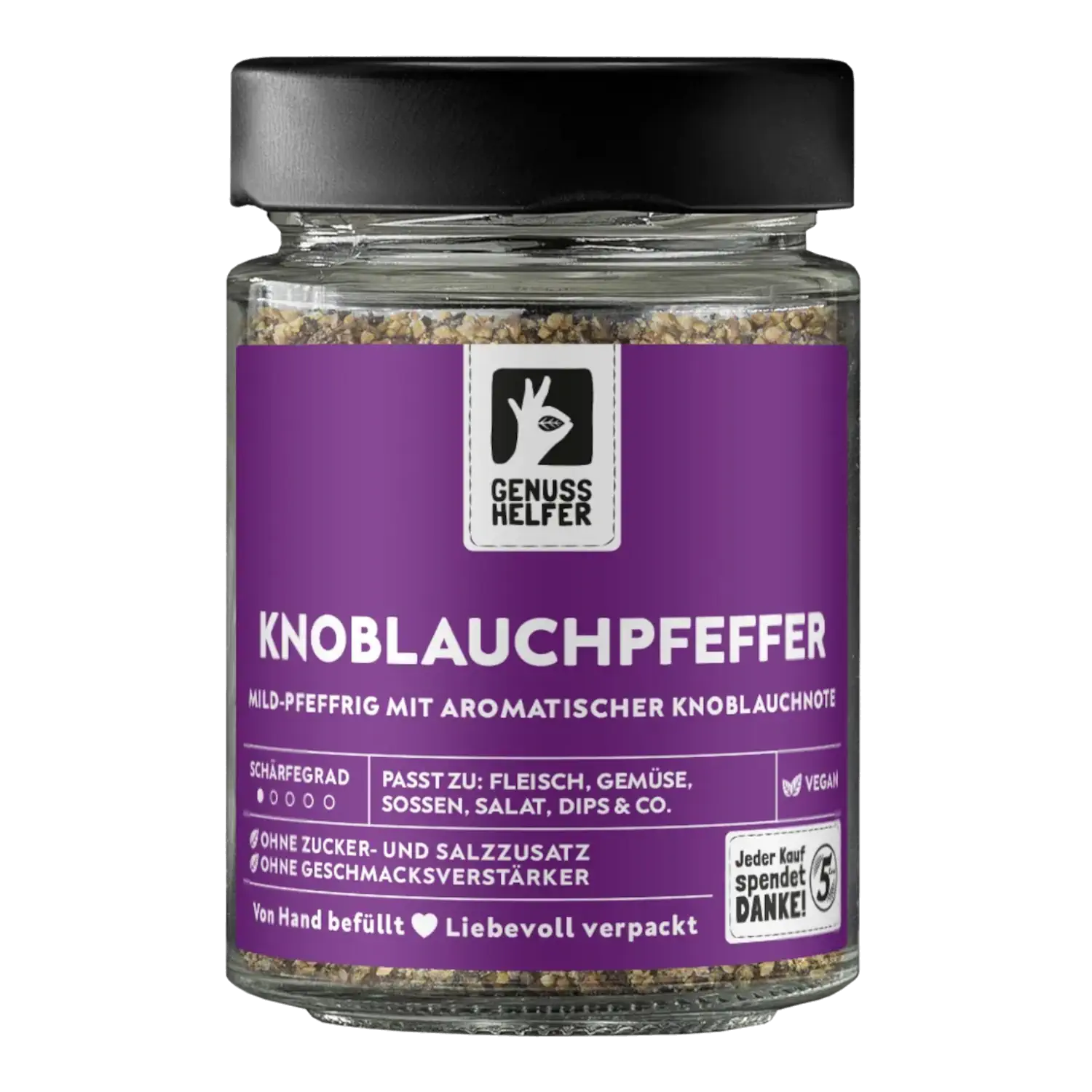 Vorderansicht eines Glases mit geschrotetem Knoblauchpfeffer