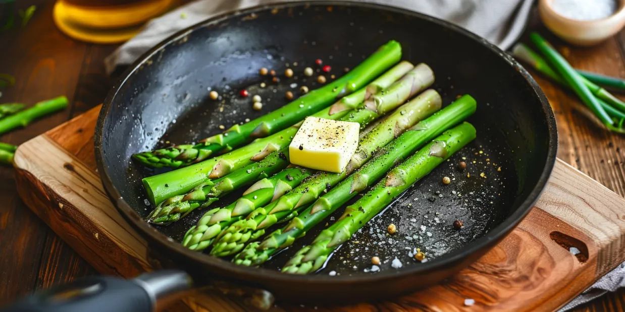 Grüner Spargel wird in einer Bratpfanne zubereitet