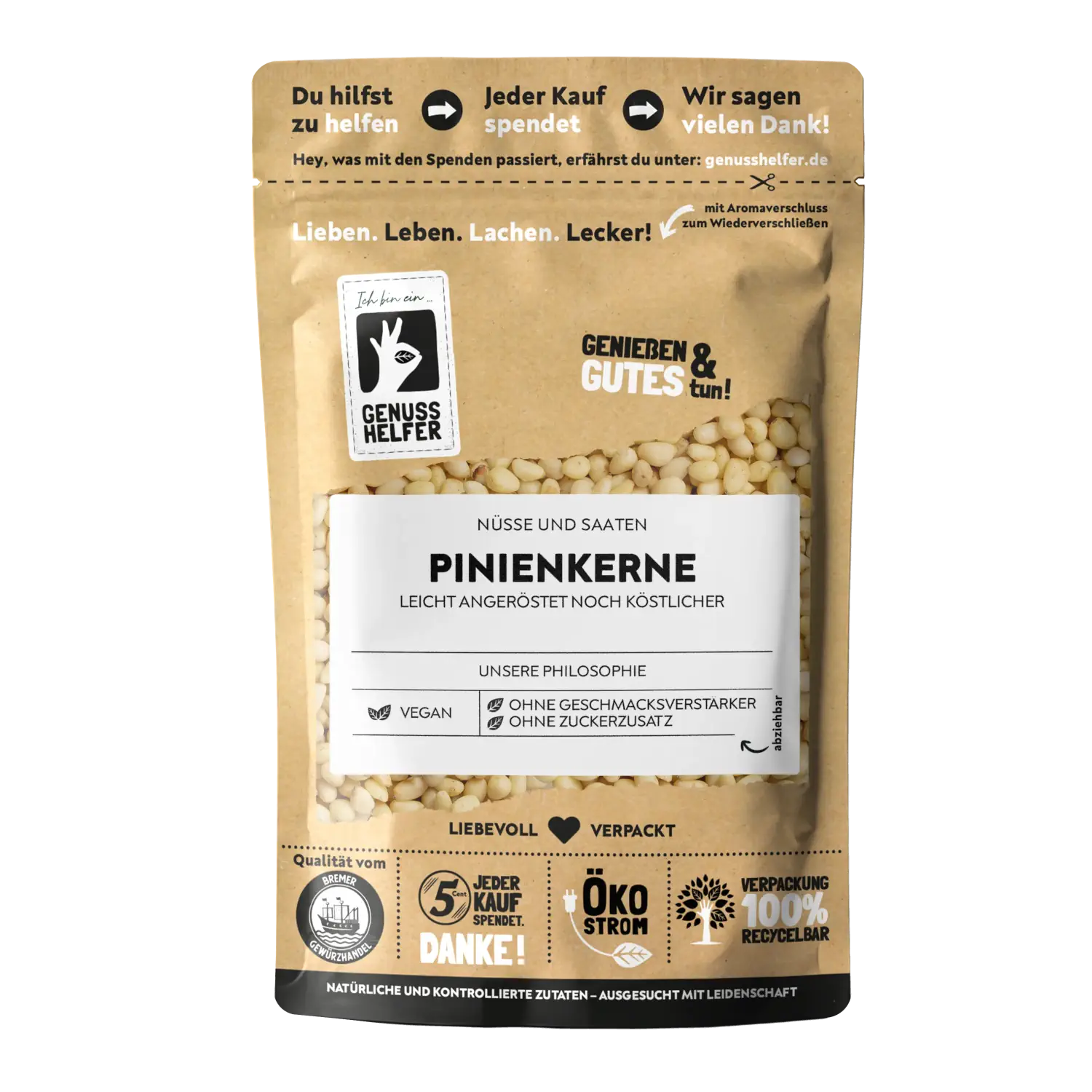 Pinienkerne Vorderansicht eines Beutels mit Pinienkernen