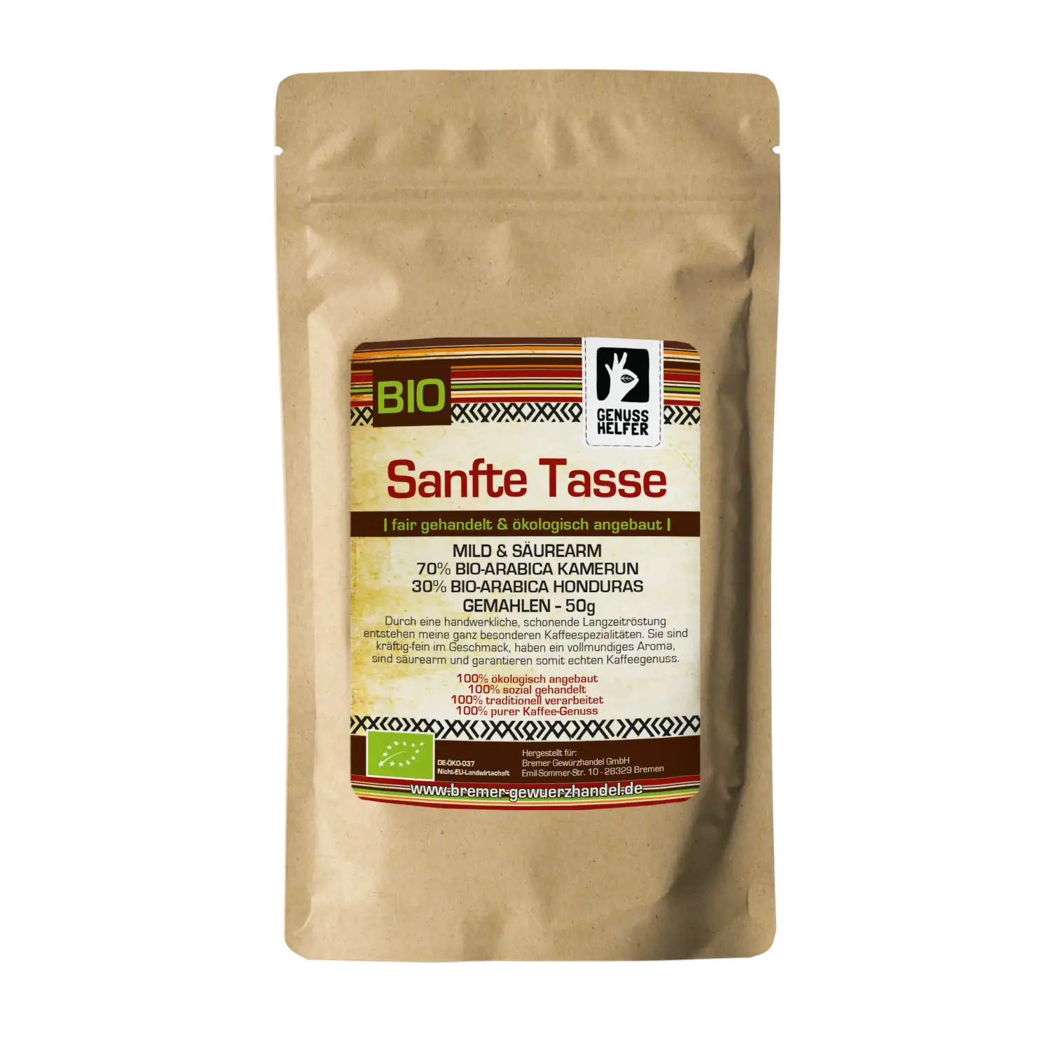 Sanfte Tasse, mild, BIO, gemahlen, 50g Gemahlener Kaffee „Sanfte Tasse“ im 50-g-Beutel