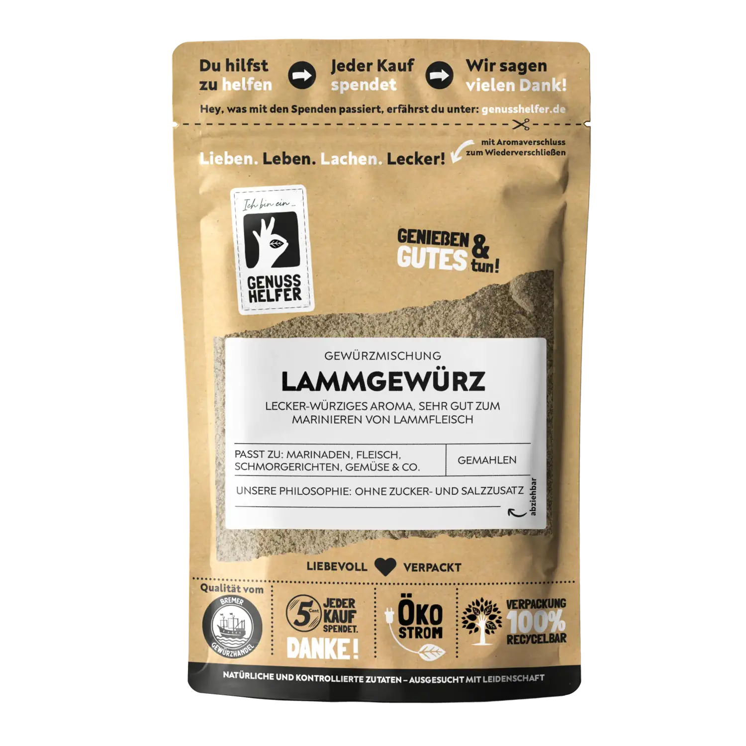 Lammgewürz, gemahlen Vorderansicht eines Beutels mit gemahlenem Lammgewürz