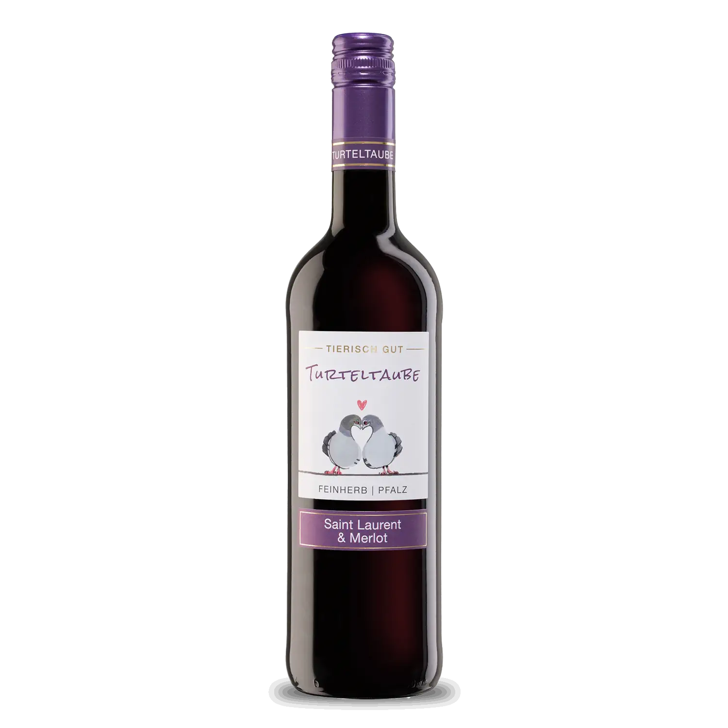 Rotwein Tierisch gut – Turteltaube Feinherber Saint Laurent & Merlot-Wein in einer Flasche mit Etikett 'Turteltaube'