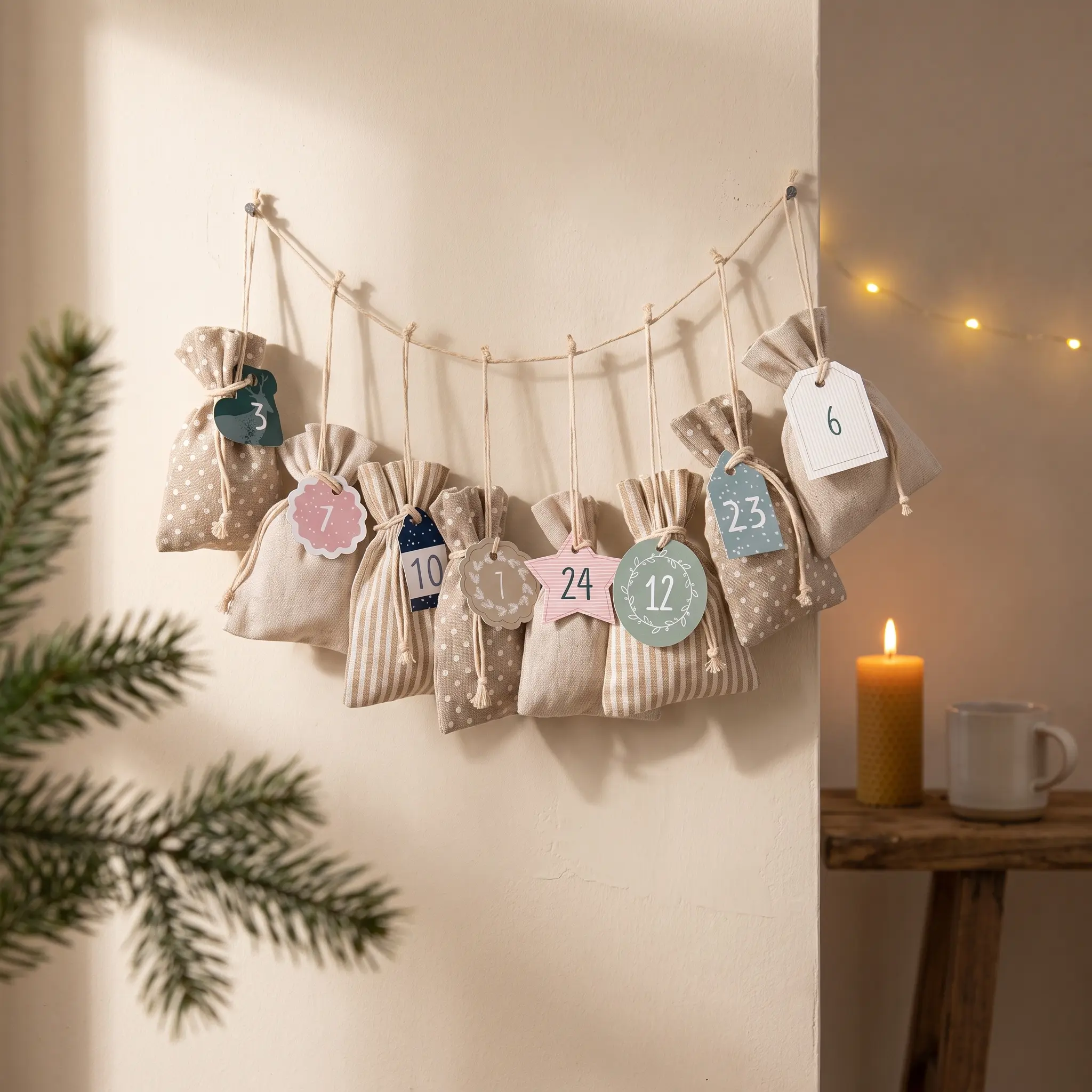 24 Stoffbeutel für Adventskalender zum Selberbasteln - Pastell