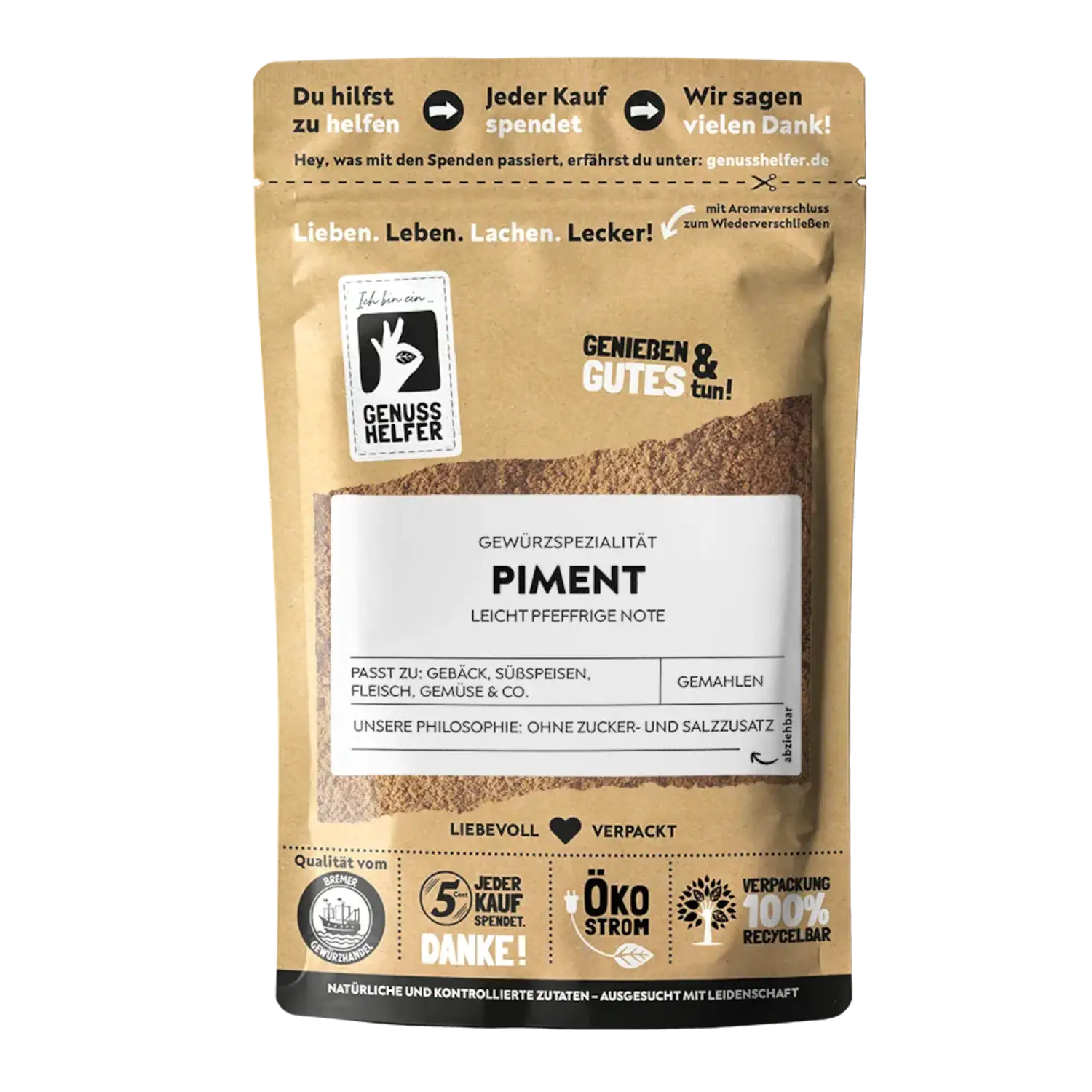 Piment, gemahlen Vorderansicht eines Beutels mit gemahlenem Piment