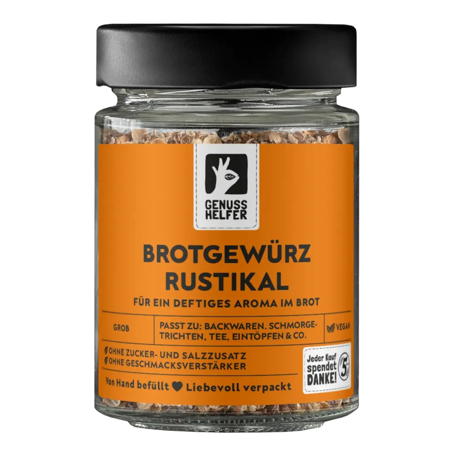 Vorderansicht eines Glases mit grobem rustikalem Brotgewürz