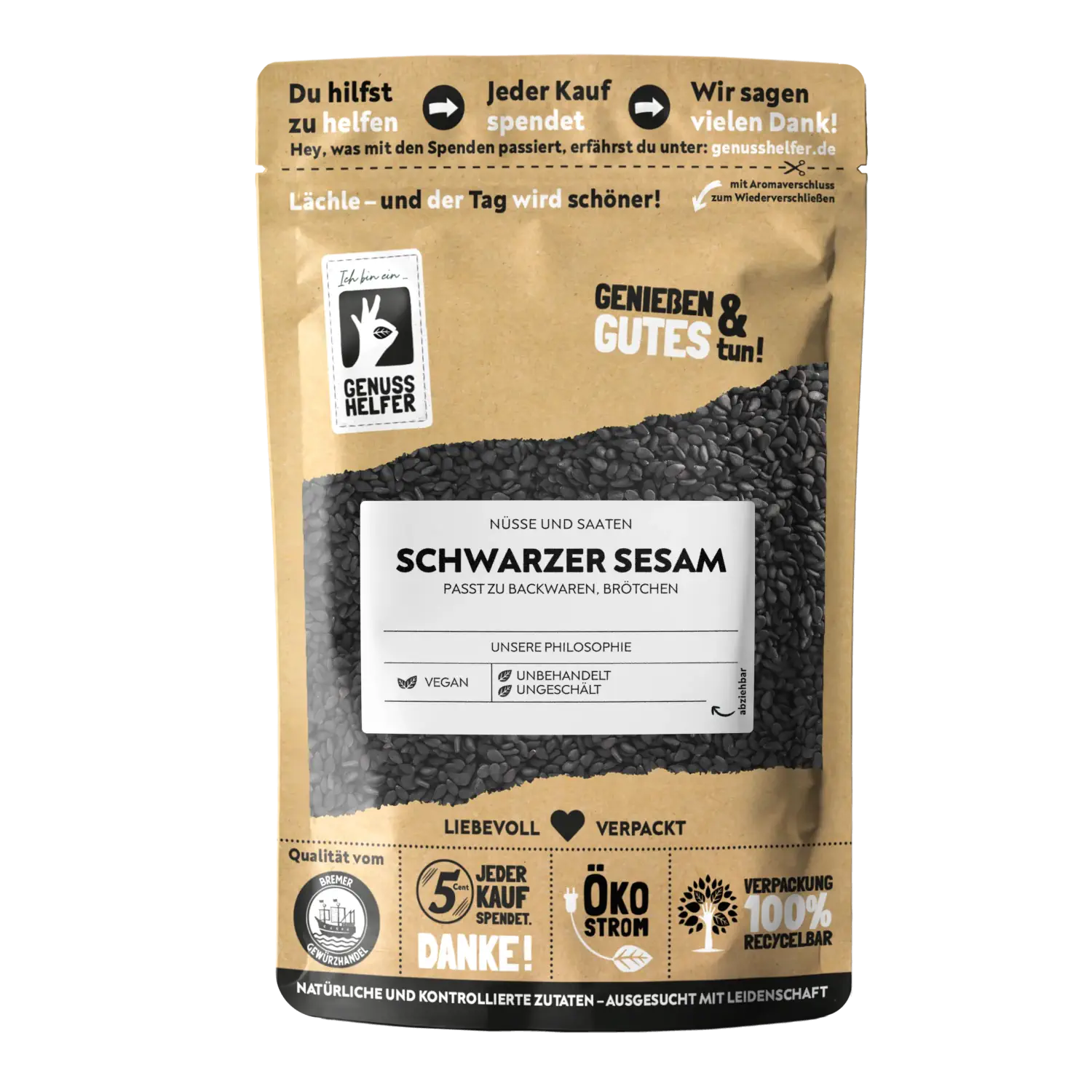 Sesam schwarz Vorderansicht eines Beutels mit schwarzem Sesam