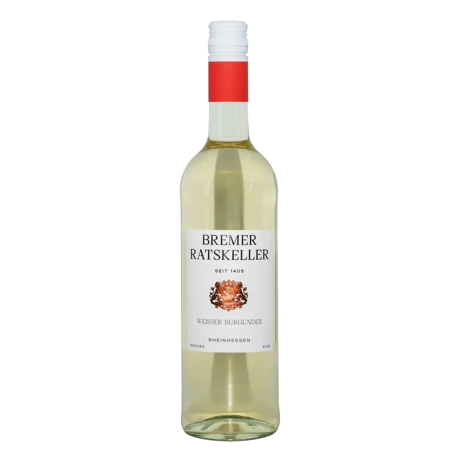 Weißer Burgunder, Weißwein trocken, BIO, Rheinhessen 2023 Vorderansicht einer Flasche „Weißer Burgunder trocken Bio“ vom Bremer Ratskeller