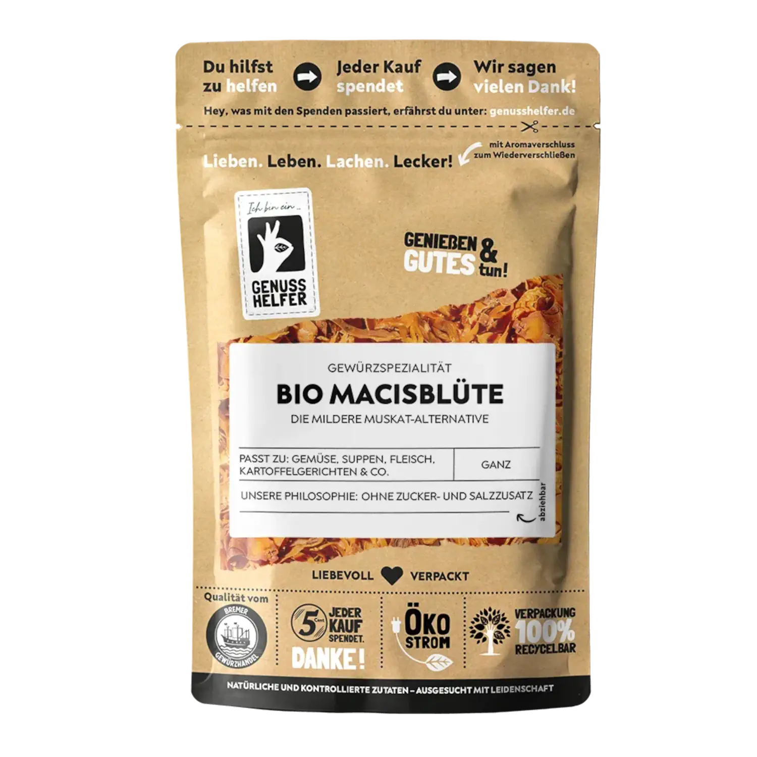 Macis, Muskatblüte, BIO, ganz Vorderansicht eines Beutels mit ganzen Bio-Macisblüten