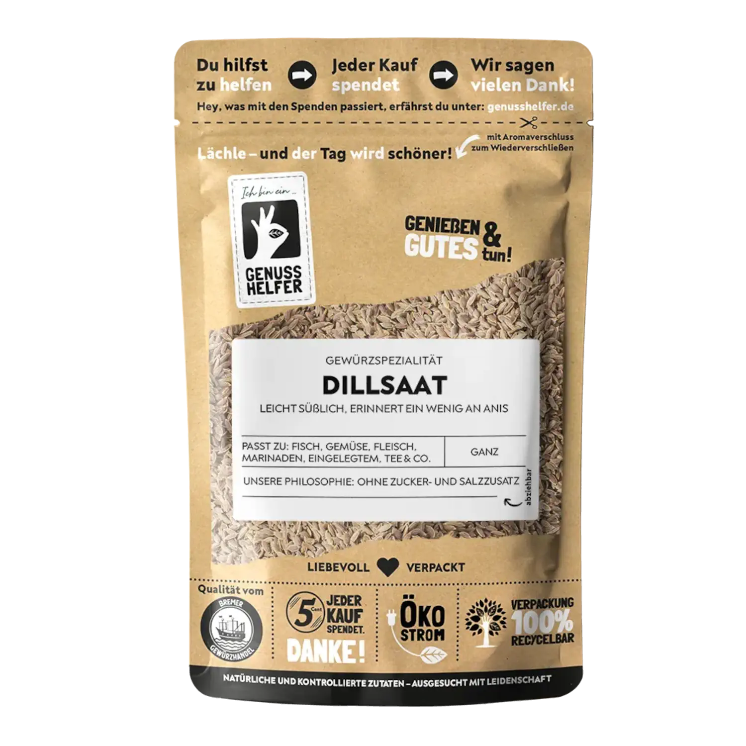 Dillsaat, ganz Vorderansicht eines Beutels mit ganzer Dillsaat
