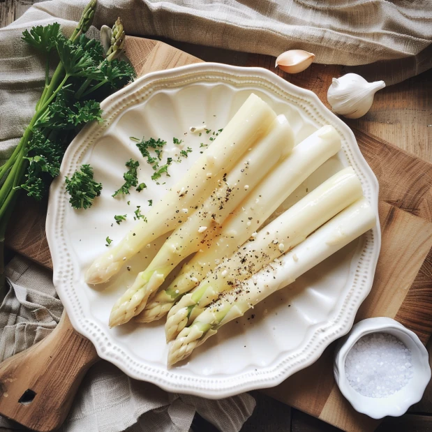 Gekochter weißer Spargel auf einem Teller mit Petersilie angerichtet