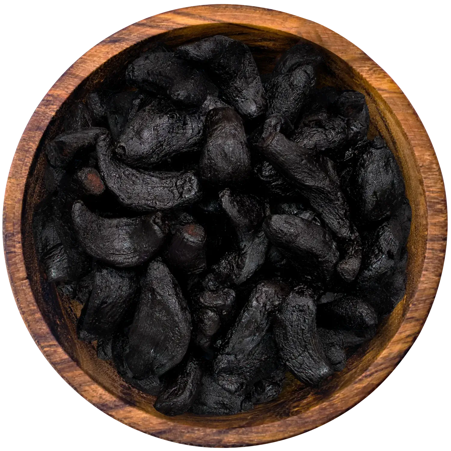 Schwarzer Knoblauch, BIO, fermentiert, ganze Zehen Vorderansicht eines Glases mit fermentiertem Bio Schwarzem Knoblauch