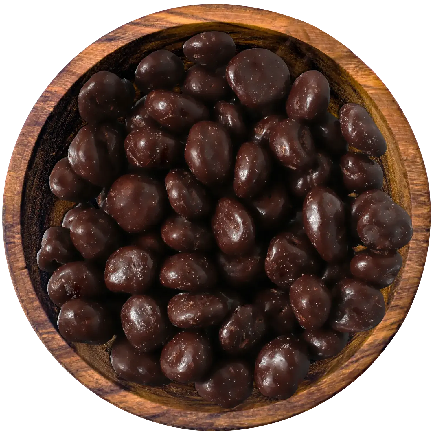 Weinbeere Zartbitter Schokis Weinbeeren mit Zartbitterschokolade in einer Holzschale