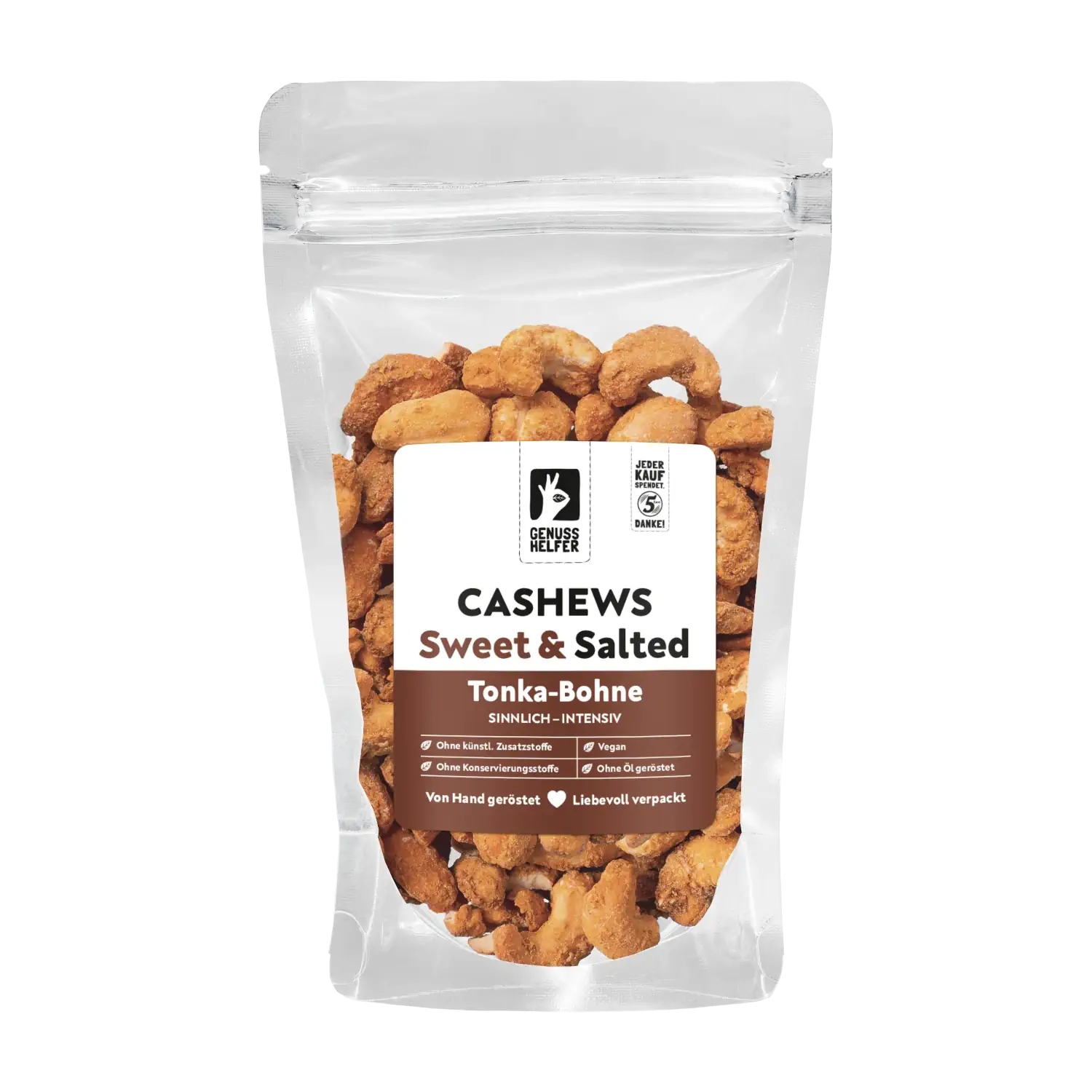 Cashews Tonka süß & salzig Cashewkerne mit Tonka, süß-salzig, im Beutel von vorn