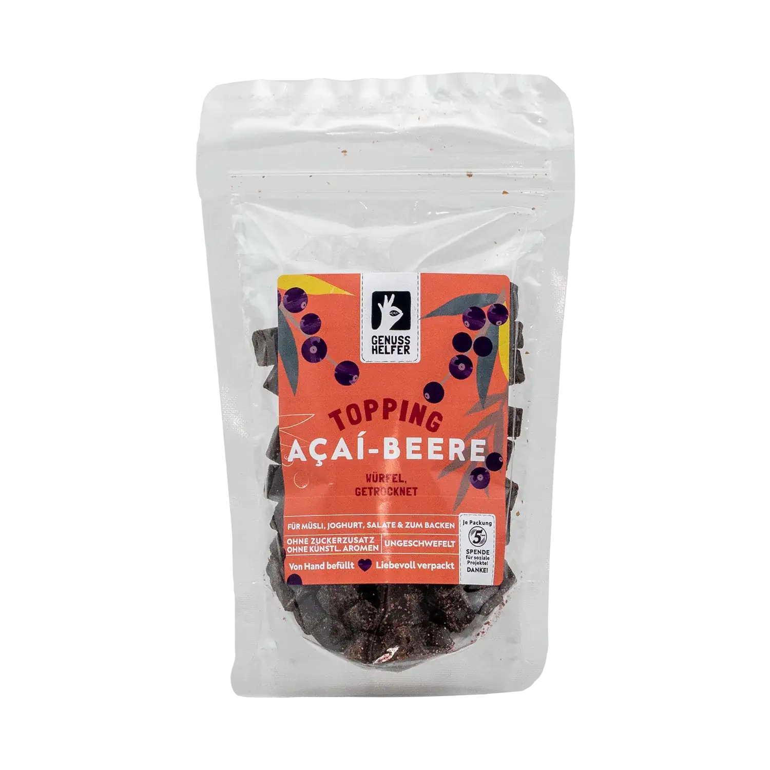 Acai Beeren Würfel, getrocknet Vorderansicht eines Beutels mit Açaí-Beerenwürfeln