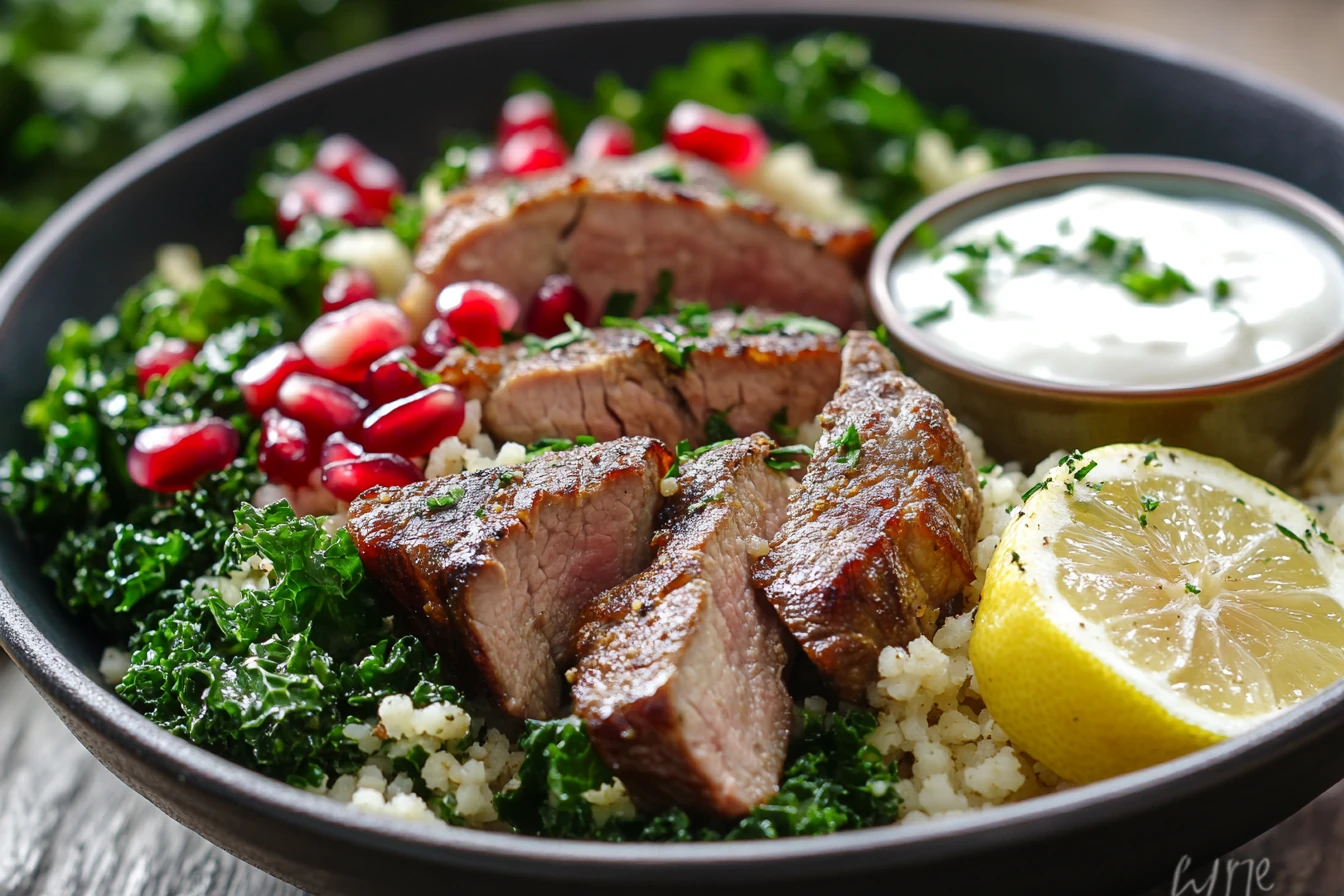 Grünkohlsalat mit Bulgur und Schweinenackensteak Grünkohlsalat mit Bulgur und Schweinenackensteak