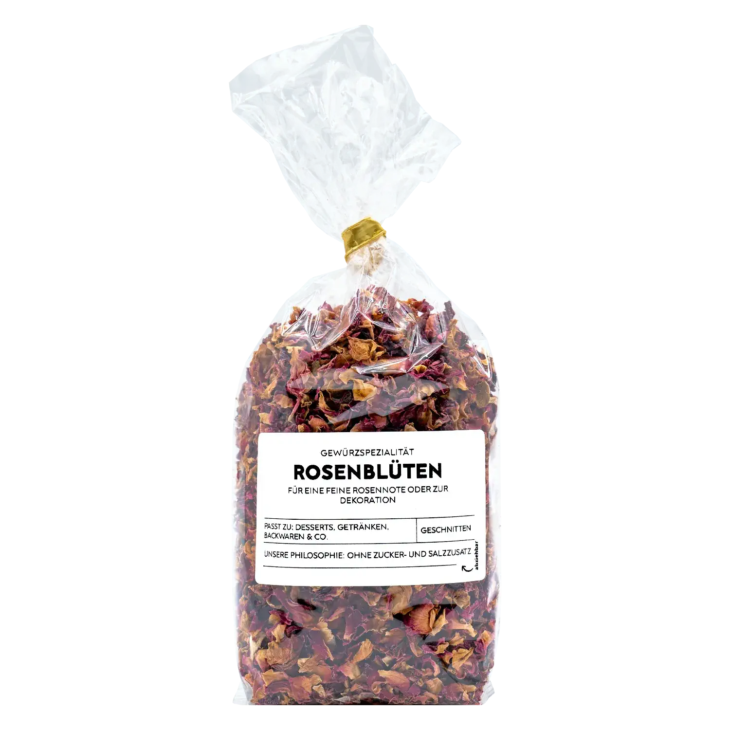 Rosenblüten, grob geschnitten Vorderansicht eines Beutels mit grob geschnittenen Rosenblüten