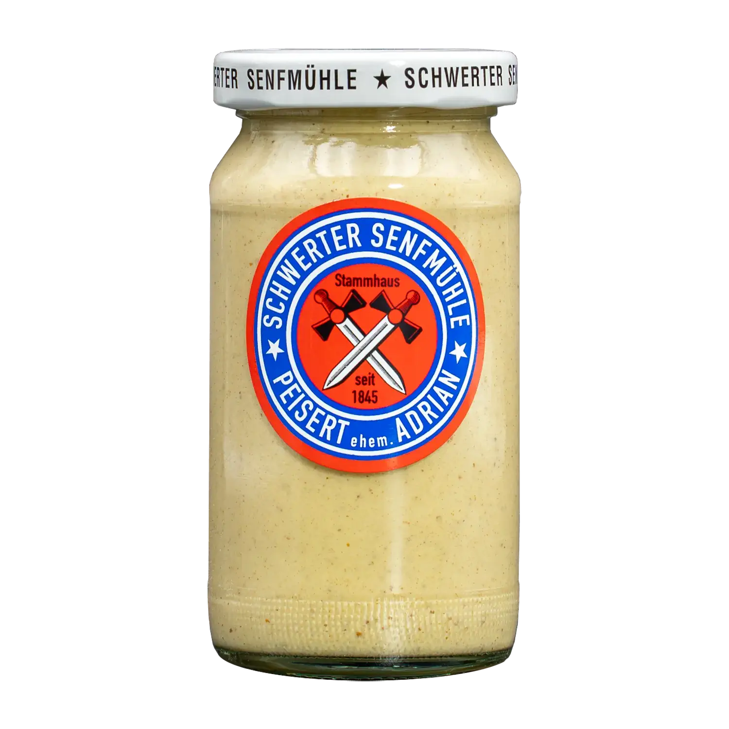 Vorderansicht eines Glases „Adrian Senf“ von der Schwerter Senfmühle