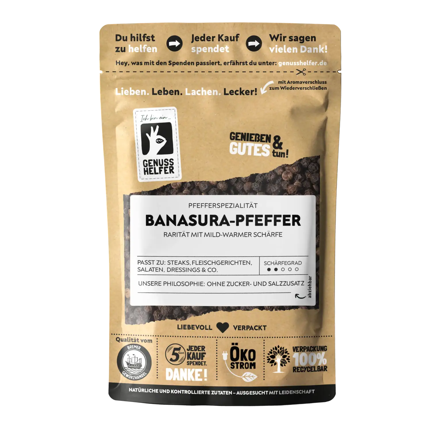 Banasura Pfeffer, ganz Vorderansicht eines Beutels mit ganzem Banasura-Pfeffer