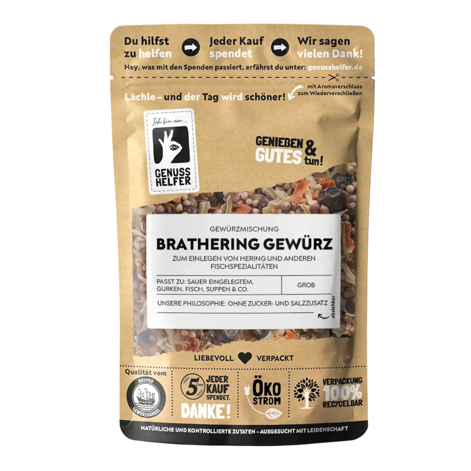 Brathering Gewürz, grob Vorderansicht eines Beutels mit grobem Brathering-Gewürz