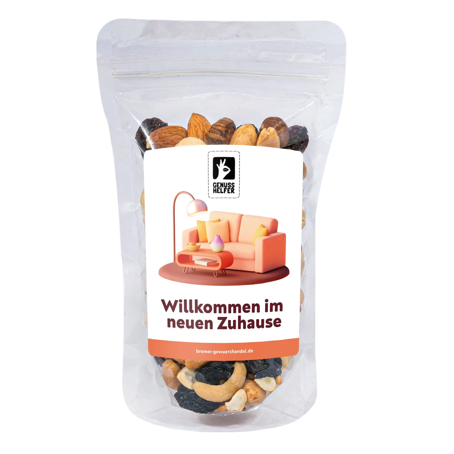 Nuss-Frucht-Mischung „Neues Zuhause“ in einem Glas mit individualisierbarem Etikett
