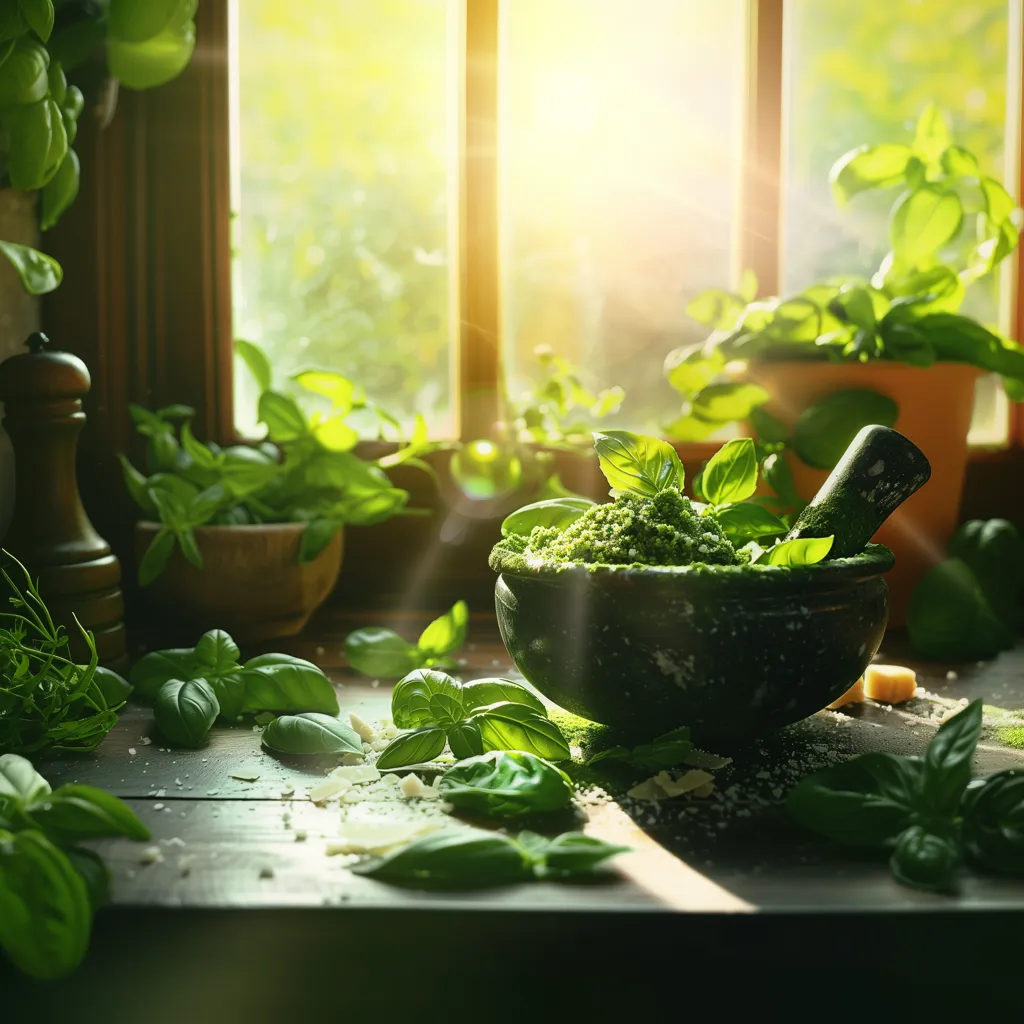 Pesto im Mörser mit Basilikum, Parmesan und frischen Kräutern am Küchenfenster