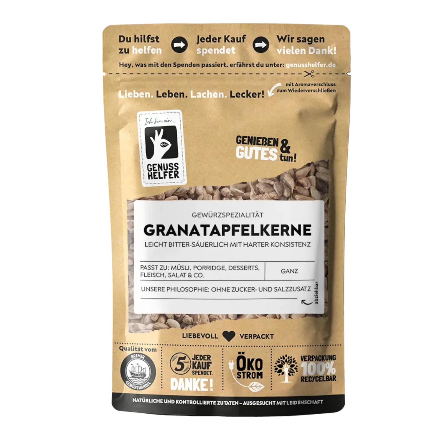 Vorderansicht eines Beutels mit Granatapfelkernen
