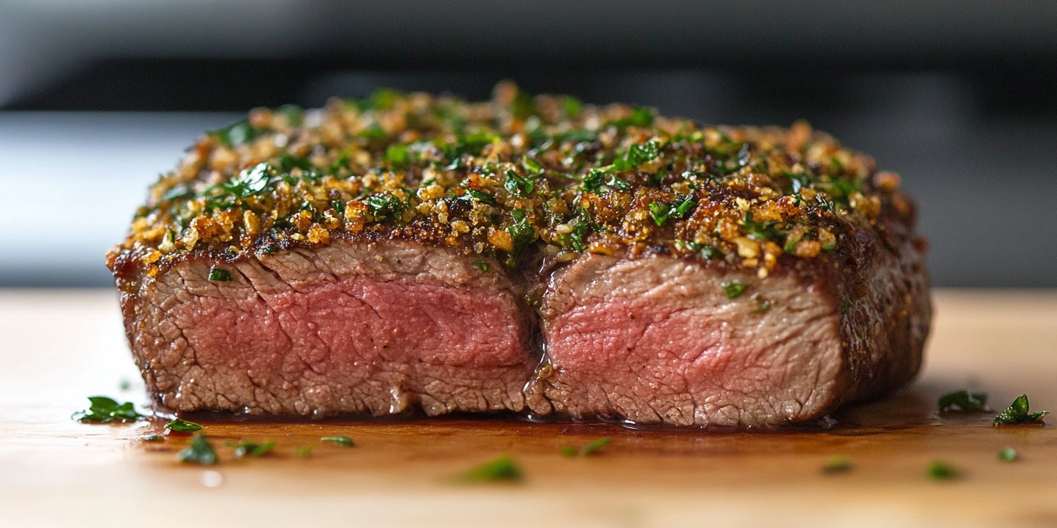 Straußensteak mit Kräuterkruste und African Rub serviert