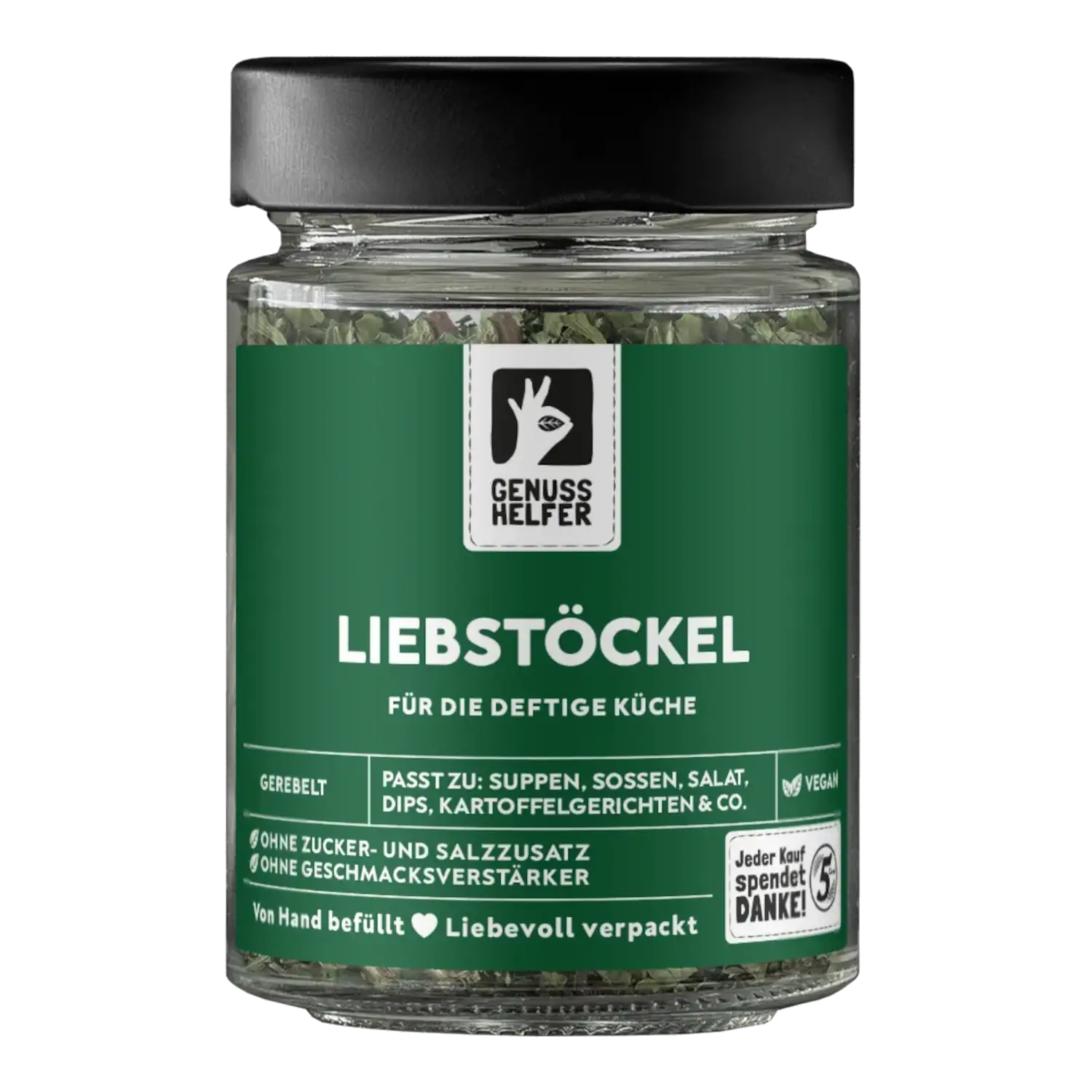 Vorderansicht eines Glases mit gerebeltem Liebstöckel