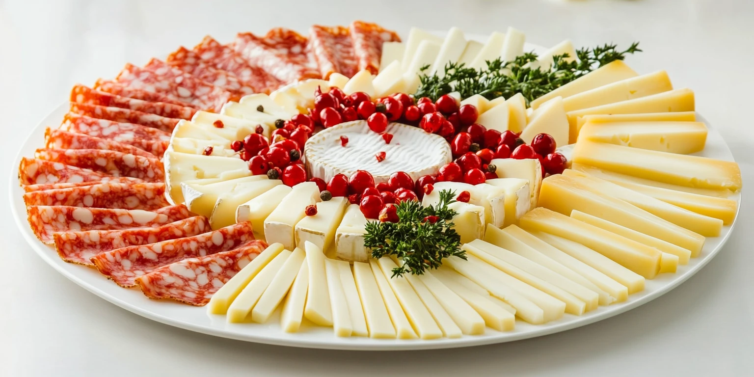 Käseplatte mit roten Pfefferbeeren (rosa Pfeffer) dekoriert