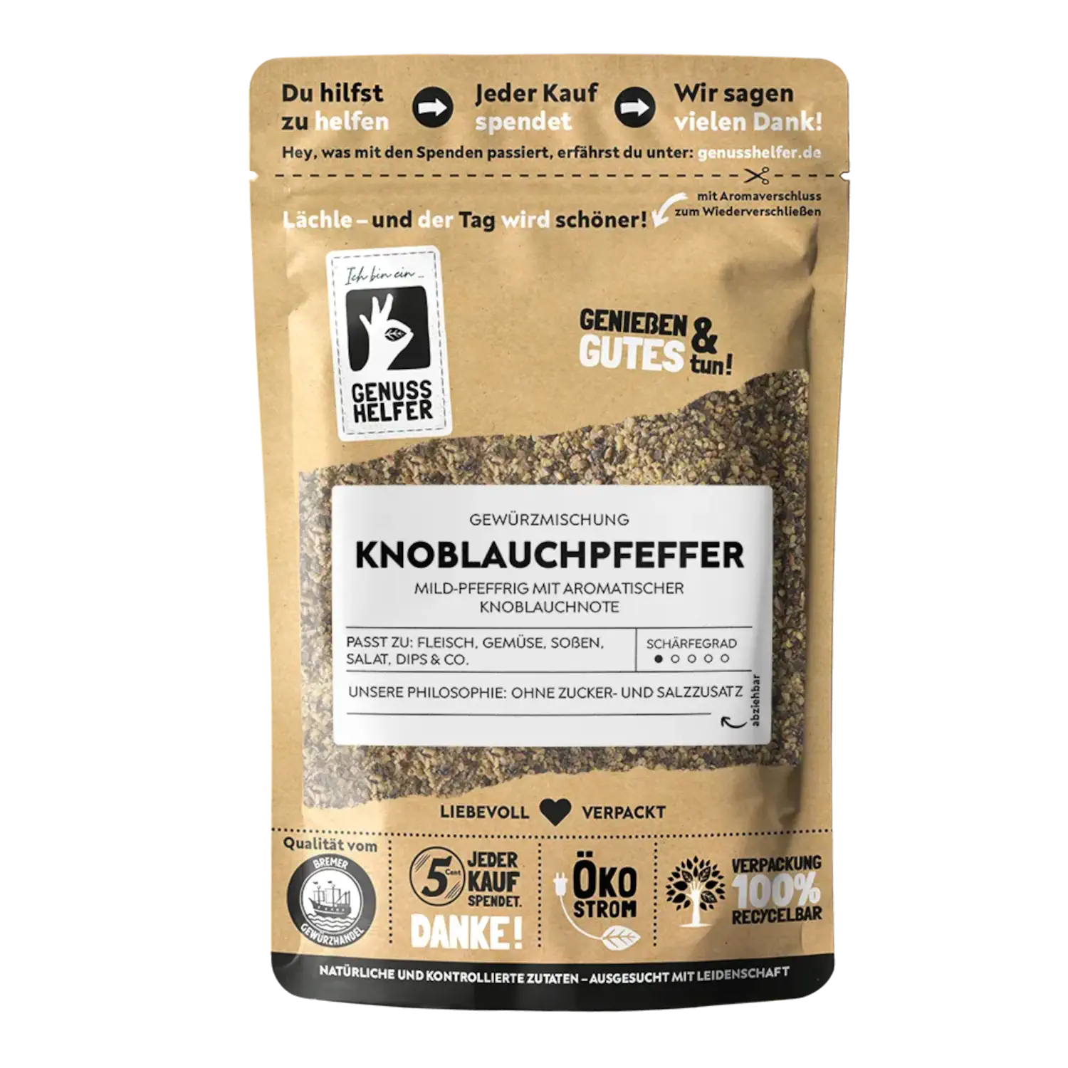 Knoblauchpfeffer, geschrotet Vorderansicht eines Beutels mit geschrotetem Knoblauchpfeffer