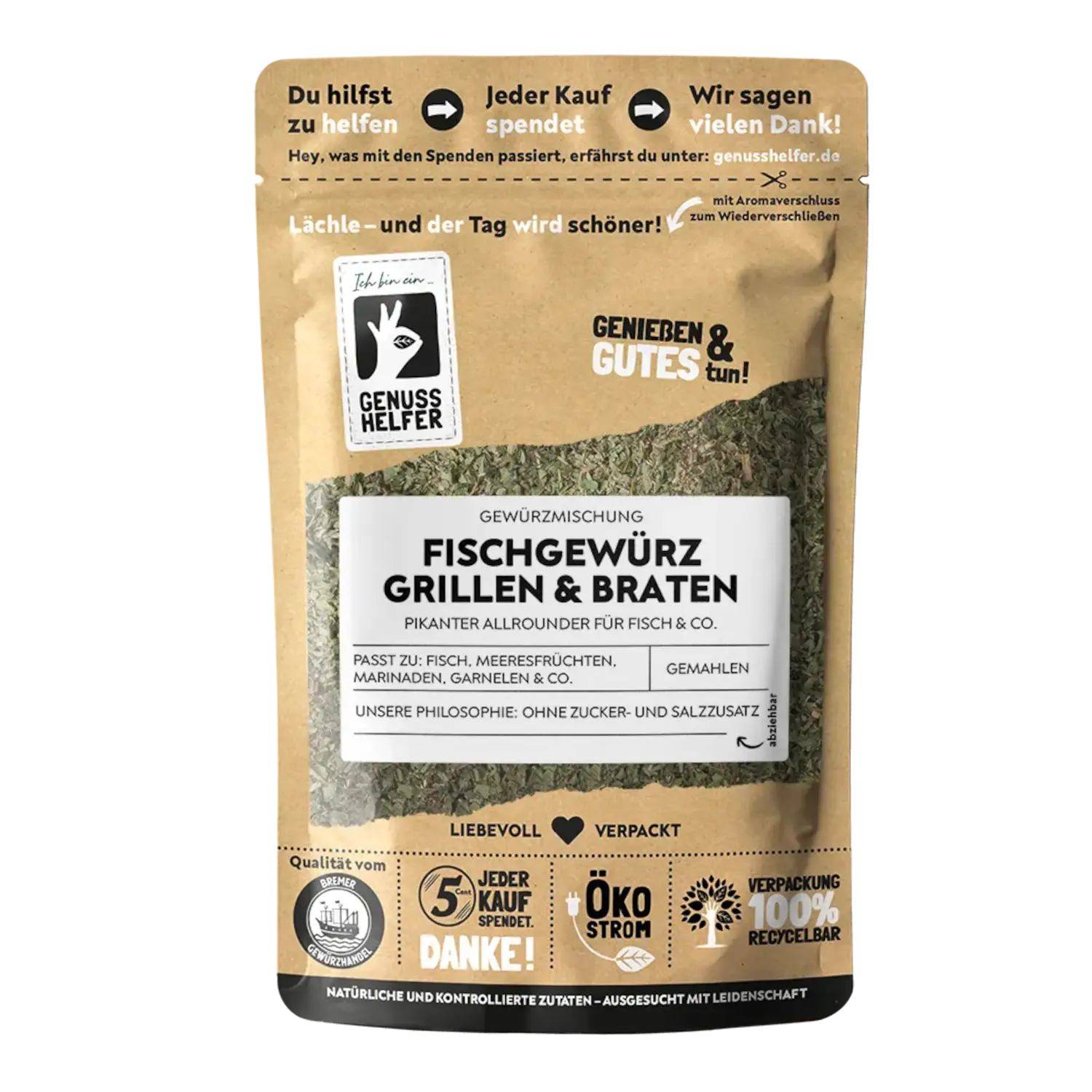 Fischgrill- und Bratgewürz, gemahlen Vorderansicht eines Beutels mit gemahlenem Fischgewürz zum Grillen und Braten
