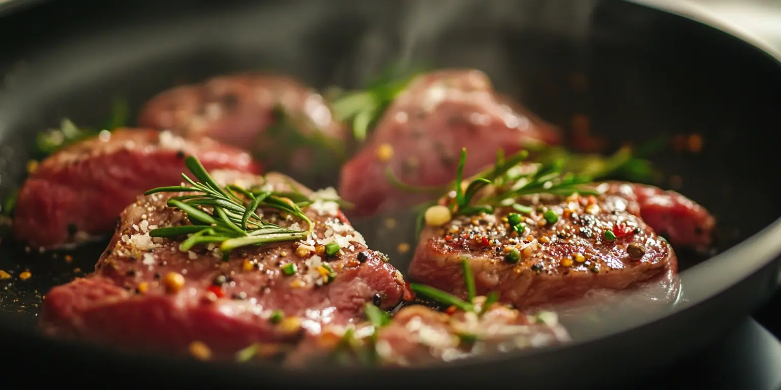 Steak wird in der Pfanne mit Gewürzen zubereitet