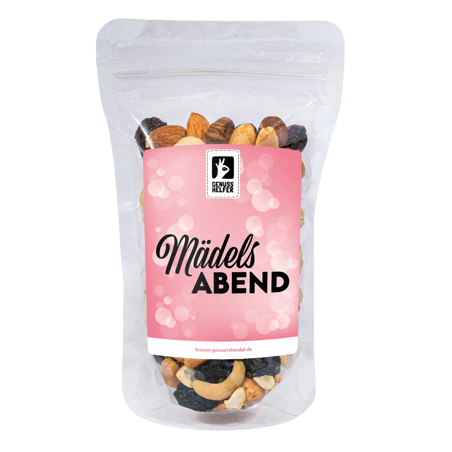 Nuss-Frucht-Mischung „Mädelsabend“ in einem Glas mit individualisierbarem Etikett