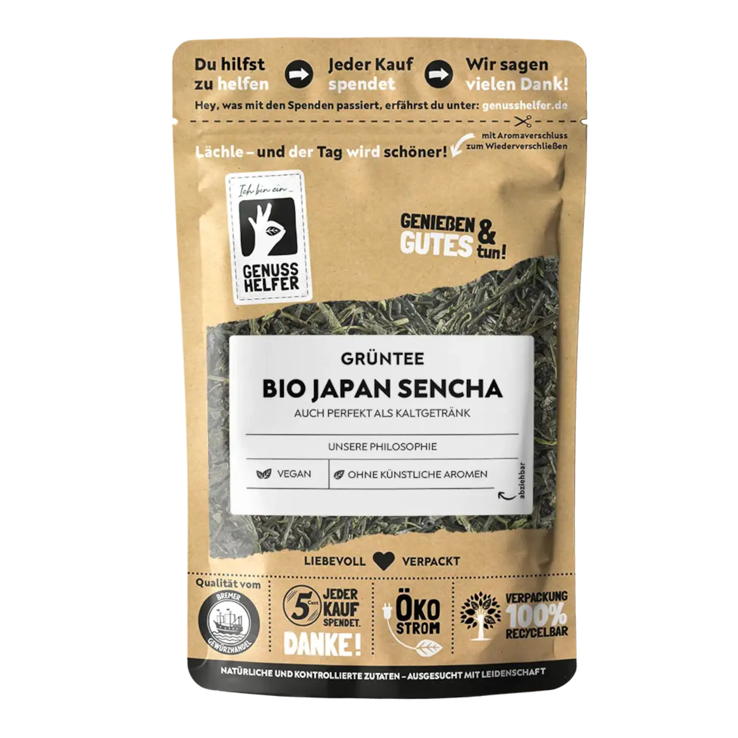 Japan Sencha, BIO Vorderansicht eines Beutels mit japanischem Sencha Bio-Grüntee