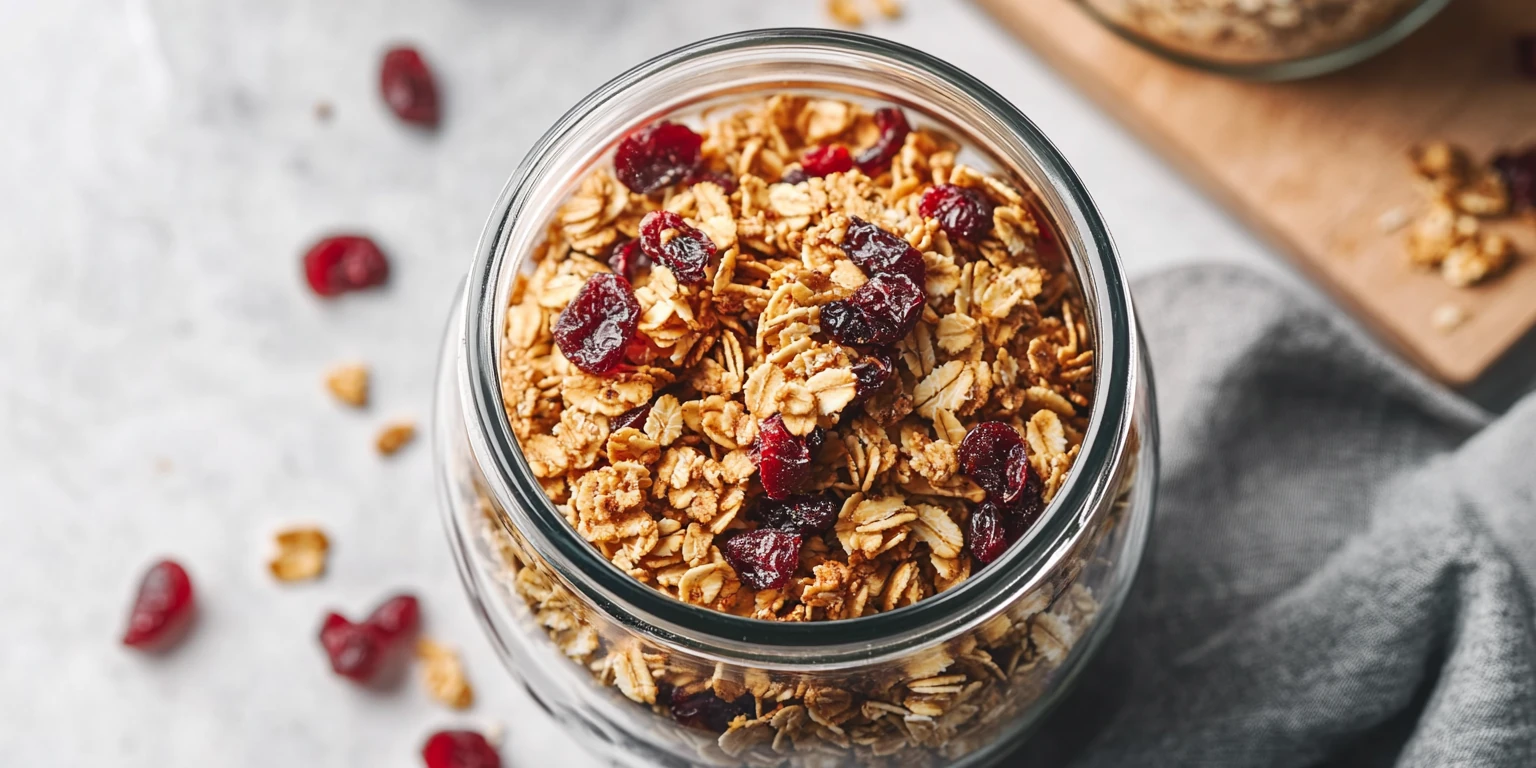 Müsli mit Granola und getrockneten Cranberries in der Zubereitung